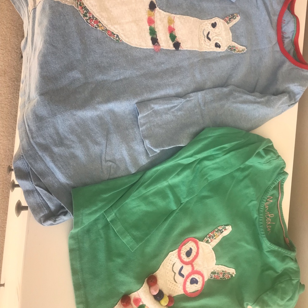 Blue Mini Boden long sleeve dress and green Mini Boden long sleeve T. Size 6-7